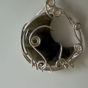 Labradorite Moon Pendant Genuine Stone and Metals ~ Silver Wire Wrapped.
